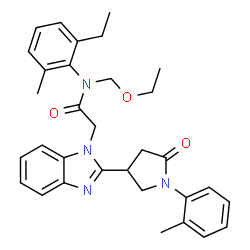 ChemSpider 2D Image | N-(Ethoxymethyl)-N-(2-ethyl-6-methylphenyl)-2-{2-[1-(2-methylphenyl)-5-oxo-3-pyrrolidinyl]-1H-benzimidazol-1-yl}acetamide | C32H36N4O3
