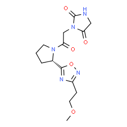 ChemSpider 2D Image | 3-(2-{(2S)-2-[3-(2-Methoxyethyl)-1,2,4-oxadiazol-5-yl]-1-pyrrolidinyl}-2-oxoethyl)-2,4-imidazolidinedione | C14H19N5O5