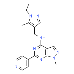 ChemSpider 2D Image | N-[(1-Ethyl-5-methyl-1H-pyrazol-4-yl)methyl]-1-methyl-6-(4-pyridinyl)-1H-pyrazolo[3,4-d]pyrimidin-4-amine | C18H20N8