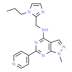 ChemSpider 2D Image | 1-Methyl-N-[(1-propyl-1H-imidazol-2-yl)methyl]-6-(4-pyridinyl)-1H-pyrazolo[3,4-d]pyrimidin-4-amine | C18H20N8