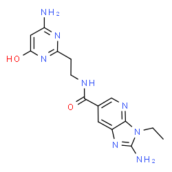 ChemSpider 2D Image | 2-Amino-N-[2-(4-amino-6-oxo-1,6-dihydro-2-pyrimidinyl)ethyl]-3-ethyl-3H-imidazo[4,5-b]pyridine-6-carboxamide | C15H18N8O2