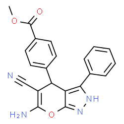 ChemSpider 2D Image | Methyl 4-(6-amino-5-cyano-3-phenyl-2,4-dihydropyrano[2,3-c]pyrazol-4-yl)benzoate | C21H16N4O3
