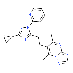 ChemSpider 2D Image | 6-{2-[3-Cyclopropyl-1-(2-pyridinyl)-1H-1,2,4-triazol-5-yl]ethyl}-5,7-dimethyl[1,2,4]triazolo[1,5-a]pyrimidine | C19H20N8