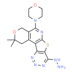 ChemSpider 2D Image | 8-Hydrazino-2,2-dimethyl-5-(4-morpholinyl)-1,4-dihydro-2H-pyrano[4'',3'':4',5']pyrido[3',2':4,5]thieno[3,2-d][1,2,3]triazine | C17H21N7O2S