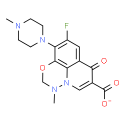 ChemSpider 2D Image | 9-Fluoro-3-methyl-10-(4-methyl-1-piperazinyl)-7-oxo-2,3-dihydro-7H-[1,3,4]oxadiazino[6,5,4-ij]quinoline-6-carboxylate | C17H18FN4O4