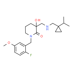 ChemSpider 2D Image | 1-(2-Fluoro-5-methoxybenzyl)-3-hydroxy-3-({[(1-isopropylcyclopropyl)methyl]amino}methyl)-2-piperidinone | C21H31FN2O3