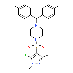 ChemSpider 2D Image | 1-[Bis(4-fluorophenyl)methyl]-4-[(5-chloro-1,3-dimethyl-1H-pyrazol-4-yl)sulfonyl]piperazine | C22H23ClF2N4O2S