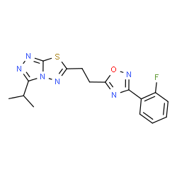 ChemSpider 2D Image | 6-{2-[3-(2-Fluorophenyl)-1,2,4-oxadiazol-5-yl]ethyl}-3-isopropyl[1,2,4]triazolo[3,4-b][1,3,4]thiadiazole | C16H15FN6OS