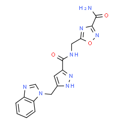 ChemSpider 2D Image | 5-[({[5-(1H-Benzimidazol-1-ylmethyl)-1H-pyrazol-3-yl]carbonyl}amino)methyl]-1,2,4-oxadiazole-3-carboxamide | C16H14N8O3