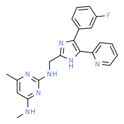ChemSpider 2D Image | N~2~-{[4-(3-Fluorophenyl)-5-(2-pyridinyl)-1H-imidazol-2-yl]methyl}-N~4~,6-dimethyl-2,4-pyrimidinediamine | C21H20FN7