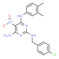 ChemSpider 2D Image | N~2~-(4-Chlorobenzyl)-N~4~-(3,4-dimethylphenyl)-5-nitro-2,4,6-pyrimidinetriamine | C19H19ClN6O2