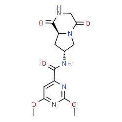 ChemSpider 2D Image | N-[(7R,8aS)-1,4-Dioxooctahydropyrrolo[1,2-a]pyrazin-7-yl]-2,6-dimethoxy-4-pyrimidinecarboxamide | C14H17N5O5