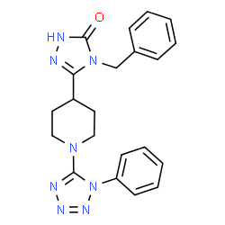 ChemSpider 2D Image | 4-Benzyl-5-[1-(1-phenyl-1H-tetrazol-5-yl)-4-piperidinyl]-2,4-dihydro-3H-1,2,4-triazol-3-one | C21H22N8O