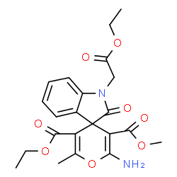 ChemSpider 2D Image | 5'-Ethyl 3'-methyl 2'-amino-1-(2-ethoxy-2-oxoethyl)-6'-methyl-2-oxo-1,2-dihydrospiro[indole-3,4'-pyran]-3',5'-dicarboxylate | C22H24N2O8