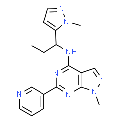 ChemSpider 2D Image | 1-Methyl-N-[1-(1-methyl-1H-pyrazol-5-yl)propyl]-6-(3-pyridinyl)-1H-pyrazolo[3,4-d]pyrimidin-4-amine | C18H20N8
