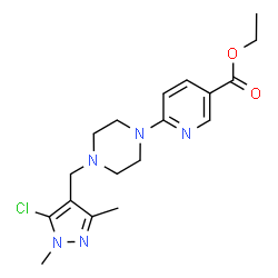 ChemSpider 2D Image | Ethyl 6-{4-[(5-chloro-1,3-dimethyl-1H-pyrazol-4-yl)methyl]-1-piperazinyl}nicotinate | C18H24ClN5O2
