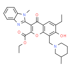 ChemSpider 2D Image | Ethyl 6-ethyl-7-hydroxy-3-(1-methyl-1H-benzimidazol-2-yl)-8-[(3-methyl-1-piperidinyl)methyl]-4-oxo-4H-chromene-2-carboxylate | C29H33N3O5