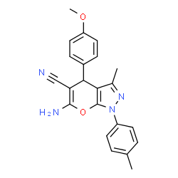 ChemSpider 2D Image | 6-Amino-4-(4-methoxyphenyl)-3-methyl-1-(4-methylphenyl)-1,4-dihydropyrano[2,3-c]pyrazole-5-carbonitrile | C22H20N4O2