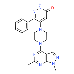 ChemSpider 2D Image | 5-[4-(1,6-Dimethyl-1H-pyrazolo[3,4-d]pyrimidin-4-yl)-1-piperazinyl]-6-phenyl-3(2H)-pyridazinone | C21H22N8O