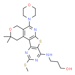 ChemSpider 2D Image | 3-{[2,2-Dimethyl-10-(methylsulfanyl)-5-(4-morpholinyl)-1,4-dihydro-2H-pyrano[4'',3'':4',5']pyrido[3',2':4,5]thieno[3,2-d]pyrimidin-8-yl]amino}-1-propanol | C22H29N5O3S2