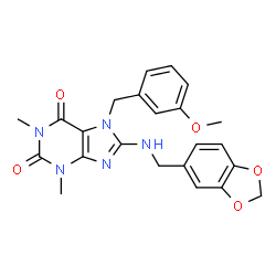 ChemSpider 2D Image | 8-[(1,3-Benzodioxol-5-ylmethyl)amino]-7-(3-methoxybenzyl)-1,3-dimethyl-3,7-dihydro-1H-purine-2,6-dione | C23H23N5O5