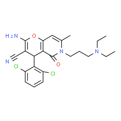 ChemSpider 2D Image | 2-Amino-4-(2,6-dichlorophenyl)-6-[3-(diethylamino)propyl]-7-methyl-5-oxo-5,6-dihydro-4H-pyrano[3,2-c]pyridine-3-carbonitrile | C23H26Cl2N4O2