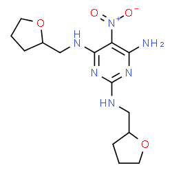 ChemSpider 2D Image | 5-Nitro-N~2~,N~4~-bis(tetrahydro-2-furanylmethyl)-2,4,6-pyrimidinetriamine | C14H22N6O4