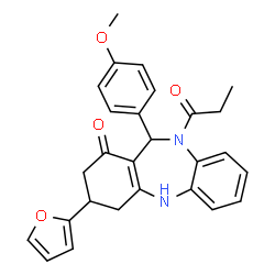 ChemSpider 2D Image | 3-(2-Furyl)-11-(4-methoxyphenyl)-10-propionyl-2,3,4,5,10,11-hexahydro-1H-dibenzo[b,e][1,4]diazepin-1-one | C27H26N2O4