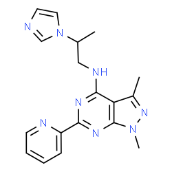 ChemSpider 2D Image | N-[2-(1H-Imidazol-1-yl)propyl]-1,3-dimethyl-6-(2-pyridinyl)-1H-pyrazolo[3,4-d]pyrimidin-4-amine | C18H20N8