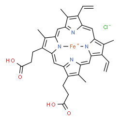ChemSpider 2D Image | [3,3'-(3,7,12,17-Tetramethyl-8,13-divinyl-2,18-porphyrindiyl-kappa~2~N~21~,N~23~)dipropanoato(2-)]iron(1+) chloride | C34H32ClFeN4O4