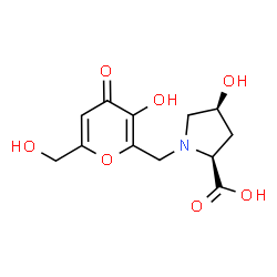 ChemSpider 2D Image | (4S)-4-Hydroxy-1-{[3-hydroxy-6-(hydroxymethyl)-4-oxo-4H-pyran-2-yl]methyl}-L-proline | C12H15NO7