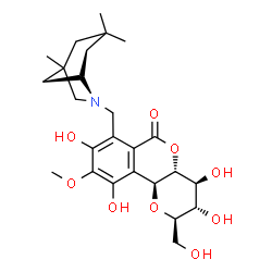 ChemSpider 2D Image | (2R,3S,4S,4aR,10bS)-3,4,8,10-Tetrahydroxy-2-(hydroxymethyl)-9-methoxy-7-{[(5S)-1,3,3-trimethyl-6-azabicyclo[3.2.1]oct-6-yl]methyl}-3,4,4a,10b-tetrahydropyrano[3,2-c]isochromen-6(2H)-one | C25H35NO9