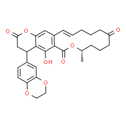 ChemSpider 2D Image | (8S,16E)-4-(2,3-Dihydro-1,4-benzodioxin-6-yl)-5-hydroxy-8-methyl-4,8,9,10,11,13,14,15-octahydro-2H,6H-oxacyclotetradecino[3,4-g]chromene-2,6,12(3H)-trione | C29H30O8