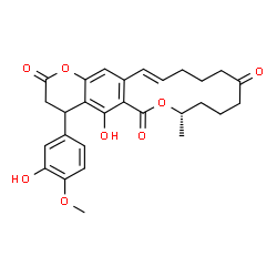 ChemSpider 2D Image | (8S,16E)-5-Hydroxy-4-(3-hydroxy-4-methoxyphenyl)-8-methyl-4,8,9,10,11,13,14,15-octahydro-2H,6H-oxacyclotetradecino[3,4-g]chromene-2,6,12(3H)-trione | C28H30O8