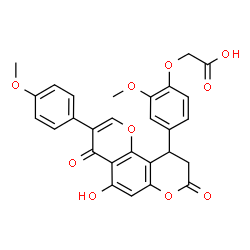 ChemSpider 2D Image | {4-[5-Hydroxy-3-(4-methoxyphenyl)-4,8-dioxo-9,10-dihydro-4H,8H-pyrano[2,3-f]chromen-10-yl]-2-methoxyphenoxy}acetic acid | C28H22O10