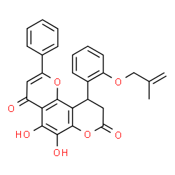 ChemSpider 2D Image | 5,6-Dihydroxy-10-{2-[(2-methyl-2-propen-1-yl)oxy]phenyl}-2-phenyl-9,10-dihydro-4H,8H-pyrano[2,3-f]chromene-4,8-dione | C28H22O7