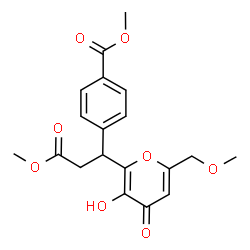 ChemSpider 2D Image | Methyl 4-{1-[3-hydroxy-6-(methoxymethyl)-4-oxo-4H-pyran-2-yl]-3-methoxy-3-oxopropyl}benzoate | C19H20O8