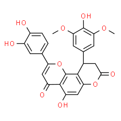 ChemSpider 2D Image | 2-(3,4-Dihydroxyphenyl)-5-hydroxy-10-(4-hydroxy-3,5-dimethoxyphenyl)-9,10-dihydro-4H,8H-pyrano[2,3-f]chromene-4,8-dione | C26H20O10