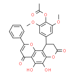 ChemSpider 2D Image | 4-(5,6-Dihydroxy-4,8-dioxo-2-phenyl-9,10-dihydro-4H,8H-pyrano[2,3-f]chromen-10-yl)-2,6-dimethoxyphenyl acetate | C28H22O10