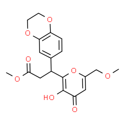 ChemSpider 2D Image | Methyl 3-(2,3-dihydro-1,4-benzodioxin-6-yl)-3-[3-hydroxy-6-(methoxymethyl)-4-oxo-4H-pyran-2-yl]propanoate | C19H20O8