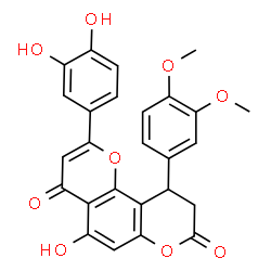 ChemSpider 2D Image | 2-(3,4-Dihydroxyphenyl)-10-(3,4-dimethoxyphenyl)-5-hydroxy-9,10-dihydro-4H,8H-pyrano[2,3-f]chromene-4,8-dione | C26H20O9