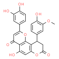 ChemSpider 2D Image | 2-(3,4-Dihydroxyphenyl)-5-hydroxy-10-(4-hydroxy-3-methoxyphenyl)-9,10-dihydro-4H,8H-pyrano[2,3-f]chromene-4,8-dione | C25H18O9