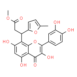 ChemSpider 2D Image | Methyl 3-[2-(3,4-dihydroxyphenyl)-3,5,7-trihydroxy-4-oxo-4H-chromen-8-yl]-3-(5-methyl-2-furyl)propanoate | C24H20O10