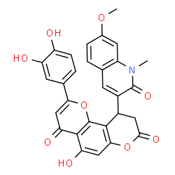 ChemSpider 2D Image | 2-(3,4-Dihydroxyphenyl)-5-hydroxy-10-(7-methoxy-1-methyl-2-oxo-1,2-dihydro-3-quinolinyl)-9,10-dihydro-4H,8H-pyrano[2,3-f]chromene-4,8-dione | C29H21NO9
