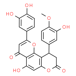 ChemSpider 2D Image | 2-(3,4-Dihydroxyphenyl)-5-hydroxy-10-(3-hydroxy-4-methoxyphenyl)-9,10-dihydro-4H,8H-pyrano[2,3-f]chromene-4,8-dione | C25H18O9