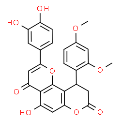 ChemSpider 2D Image | 2-(3,4-Dihydroxyphenyl)-10-(2,4-dimethoxyphenyl)-5-hydroxy-9,10-dihydro-4H,8H-pyrano[2,3-f]chromene-4,8-dione | C26H20O9