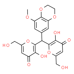 ChemSpider 2D Image | 2,2'-[(8-Methoxy-2,3-dihydro-1,4-benzodioxin-6-yl)methylene]bis[3-hydroxy-6-(hydroxymethyl)-4H-pyran-4-one] | C22H20O11