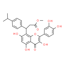 ChemSpider 2D Image | Methyl 3-[2-(3,4-dihydroxyphenyl)-3,5,7-trihydroxy-4-oxo-4H-chromen-8-yl]-3-(4-isopropylphenyl)propanoate | C28H26O9