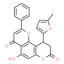 ChemSpider 2D Image | 5-Hydroxy-10-(5-methyl-2-furyl)-2-phenyl-9,10-dihydro-4H,8H-pyrano[2,3-f]chromene-4,8-dione | C23H16O6