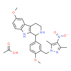 ChemSpider 2D Image | 1-{3-[(3,5-Dimethyl-4-nitro-1H-pyrazol-1-yl)methyl]-4-methoxyphenyl}-6-methoxy-2,3,4,9-tetrahydro-1H-beta-carboline acetate (1:1) | C27H31N5O6